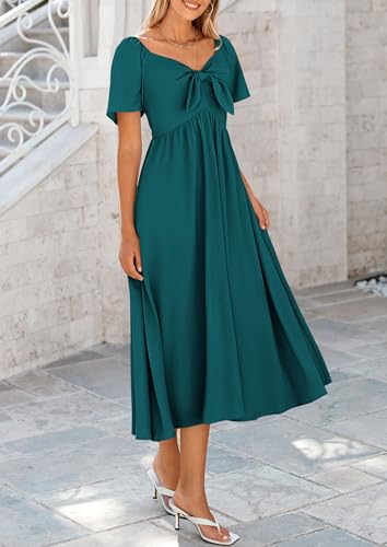 Summer Dress for Women 2025 Casual Short Sleeve Bow Tie V Neck Ruffle Midi Flowy Dresses