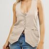 Womens Scoop Neck Blazer Vest Summer Linen Sleeveless Fitted Waistcoat Work Casual Cotton Suit Tops