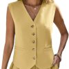 Linen Vest Tops for Women Summer Lihtweight Breathable V-Neck Button Fashion Casual Work Beach Vacation Outerwear