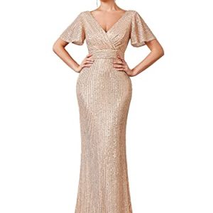 Women's Double V-Neck Flared Sleeves Memaid Sequin Floor Length Evening Dresses 01435