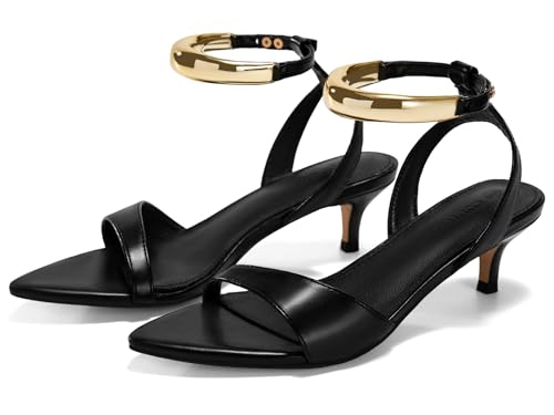 Womens Low Kitten Heels Sandals Strappy Pointed Open Toe One Strap Metal Summer Dress Shoes