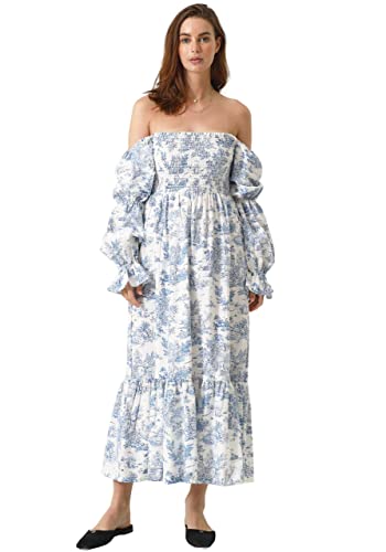 Women Linen Cotton Dress, Floral Pattern Yuki Gown, Women Casual Dress, Off Shoulder Frock