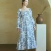Women Linen Cotton Dress, Floral Pattern Yuki Gown, Women Casual Dress, Off Shoulder Frock