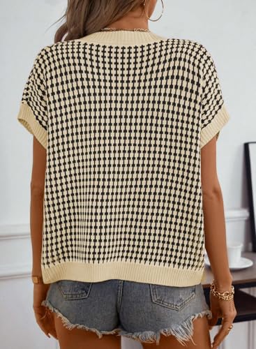 Womens Casual Summer Tops V Neck Short Sleeve Plaid Knit Vest Loose Fit Pullover Sweaters Blouses