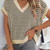 Womens Casual Summer Tops V Neck Short Sleeve Plaid Knit Vest Loose Fit Pullover Sweaters Blouses