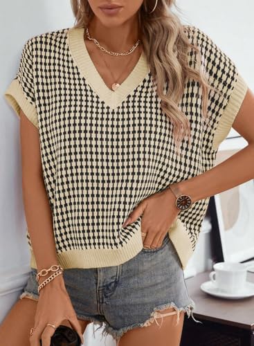 Womens Casual Summer Tops V Neck Short Sleeve Plaid Knit Vest Loose Fit Pullover Sweaters Blouses