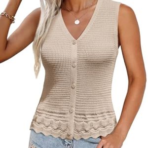 Womens Spring Summer Sweater Vest 2025 Casual Knit Sleeveless V Neck Button Down Crochet Crop Tank Tops