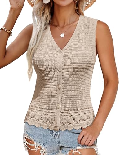 Womens Spring Summer Sweater Vest 2025 Casual Knit Sleeveless V Neck Button Down Crochet Crop Tank Tops