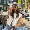 Womens Cropped Cap Sleeve Vest Tank Tops Summer Work Casual Crew Neck Button Down Waistcoats