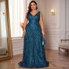 Plus Size Formal Dresses for Women with Embroidery Sequin and V-Neck, A-Line Maxi Dress for Wedding and Cocktail