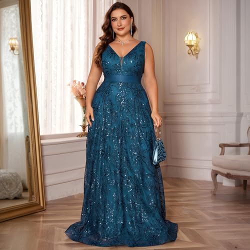 Plus Size Formal Dresses for Women with Embroidery Sequin and V-Neck, A-Line Maxi Dress for Wedding and Cocktail