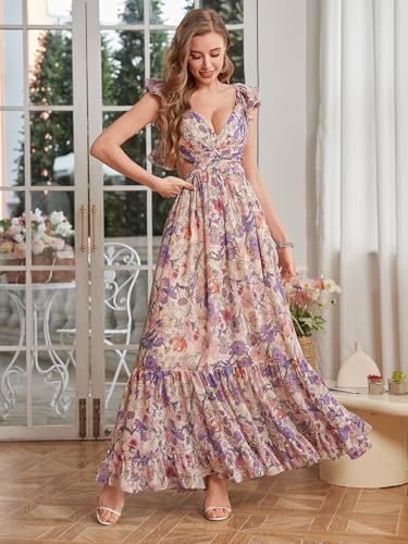 Women's Summer Floral Print Straps Sleeveless V Neck Criss Cross Backless Chiffon Beach Boho Party Long Maxi Dress