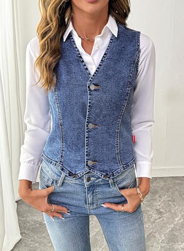 Women's Denim Vest Sleeveless V Neck Zimbaplatinum Jean Vest Top Button Down Crop Waistcoat Vest Summer Outfit
