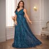 Plus Size Formal Dresses for Women with Embroidery Sequin and V-Neck, A-Line Maxi Dress for Wedding and Cocktail