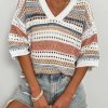 Womens Short Sleeve Crochet Knit Sweater Hollow Out Striped Tops Beach Vacation Cruise Outfits
