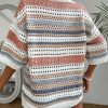 Womens Short Sleeve Crochet Knit Sweater Hollow Out Striped Tops Beach Vacation Cruise Outfits