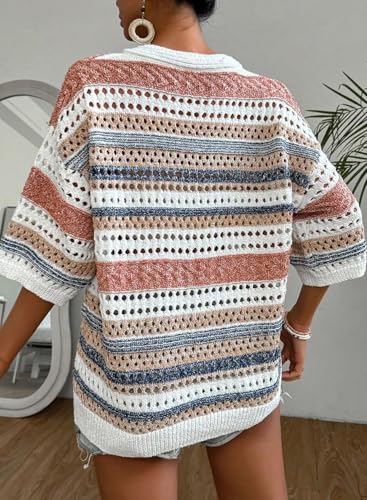 Womens Short Sleeve Crochet Knit Sweater Hollow Out Striped Tops Beach Vacation Cruise Outfits