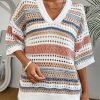 Womens Short Sleeve Crochet Knit Sweater Hollow Out Striped Tops Beach Vacation Cruise Outfits