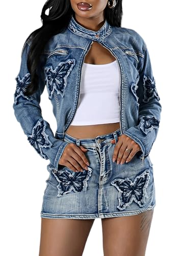 Women??s Denim Set 2 Piece Outfits Casual Denim Jacket & Mini Skirt Set Bodycon Jean Outfits with Pockets