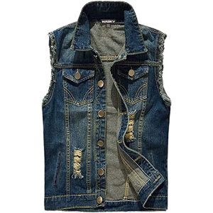 Men's Fit Retro Ripped Denim Vest Sleeveless Jean Vest and Jacket