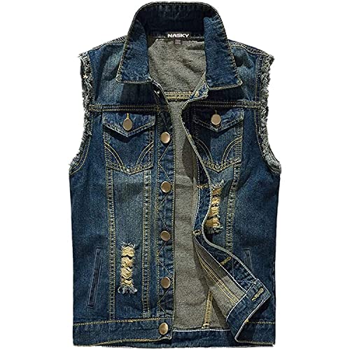 Men's Fit Retro Ripped Denim Vest Sleeveless Jean Vest and Jacket