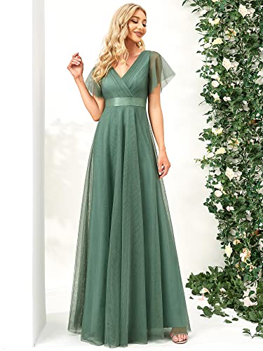 Women's Mother of Bride Dress Double V-Neck Empire Waist Front Wrap Tulle Bridesmaid Dress 07962