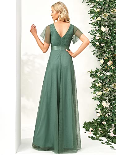 Women's Mother of Bride Dress Double V-Neck Empire Waist Front Wrap Tulle Bridesmaid Dress 07962