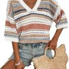 Womens Short Sleeve Crochet Knit Sweater Hollow Out Striped Tops Beach Vacation Cruise Outfits