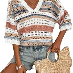 Womens Short Sleeve Crochet Knit Sweater Hollow Out Striped Tops Beach Vacation Cruise Outfits