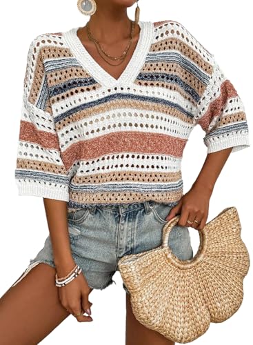 Womens Short Sleeve Crochet Knit Sweater Hollow Out Striped Tops Beach Vacation Cruise Outfits