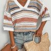 Womens Short Sleeve Crochet Knit Sweater Hollow Out Striped Tops Beach Vacation Cruise Outfits