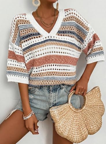 Womens Short Sleeve Crochet Knit Sweater Hollow Out Striped Tops Beach Vacation Cruise Outfits