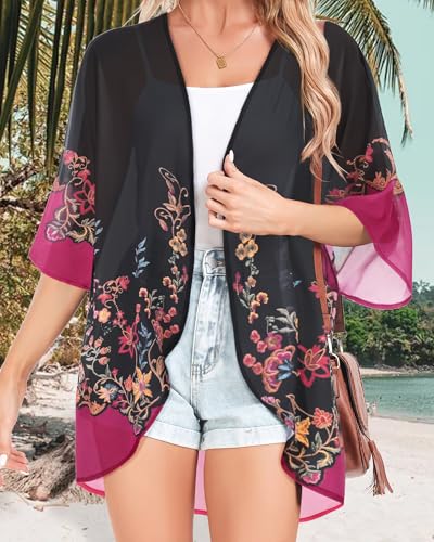 Women Kimono Cardigans Casual Summer Tops Cover up Open Front Floral Print Resort Wear