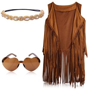60s 70s Hippie Costume Set for Women, Bohemian Costume Accessories Set Fringe Vest Leopard Print Earrings Headband Heart