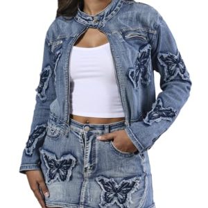 Women??s Denim Set 2 Piece Outfits Casual Denim Jacket & Mini Skirt Set Bodycon Jean Outfits with Pockets