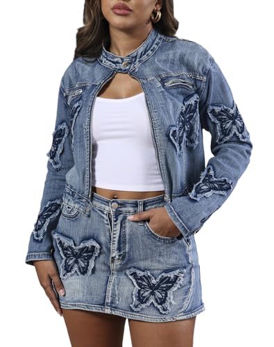 Women??s Denim Set 2 Piece Outfits Casual Denim Jacket & Mini Skirt Set Bodycon Jean Outfits with Pockets