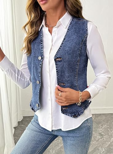 Women's Denim Vest Sleeveless V Neck Zimbaplatinum Jean Vest Top Button Down Crop Waistcoat Vest Summer Outfit