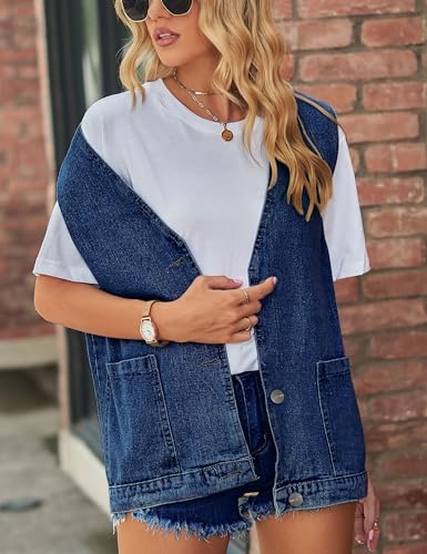 Women's Casual Denim Jean Vest Oversized Sleeveless Mid Long Button Down Jeans Jackets Vests Tops Waistcoat ﻿