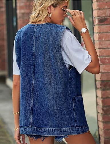 Women's Casual Denim Jean Vest Oversized Sleeveless Mid Long Button Down Jeans Jackets Vests Tops Waistcoat ﻿