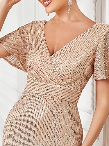 Women's Double V-Neck Flared Sleeves Memaid Sequin Floor Length Evening Dresses 01435