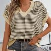 Womens Casual Summer Tops V Neck Short Sleeve Plaid Knit Vest Loose Fit Pullover Sweaters Blouses