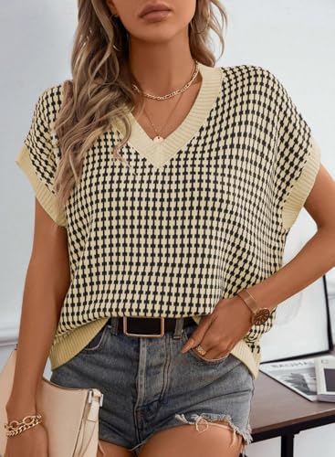Womens Casual Summer Tops V Neck Short Sleeve Plaid Knit Vest Loose Fit Pullover Sweaters Blouses