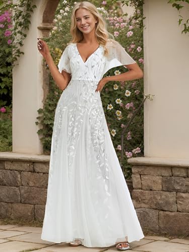 Women's Sequin Sparkly V-Neck Short Sleeve A-Line Floor Length Evening Dress 00734