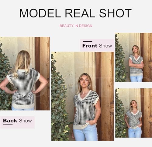 Womens Casual Summer Tops V Neck Short Sleeve Plaid Knit Vest Loose Fit Pullover Sweaters Blouses