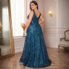Plus Size Formal Dresses for Women with Embroidery Sequin and V-Neck, A-Line Maxi Dress for Wedding and Cocktail
