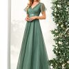Women's Mother of Bride Dress Double V-Neck Empire Waist Front Wrap Tulle Bridesmaid Dress 07962