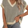 Womens Casual Summer Tops V Neck Short Sleeve Plaid Knit Vest Loose Fit Pullover Sweaters Blouses