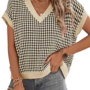 Womens Casual Summer Tops V Neck Short Sleeve Plaid Knit Vest Loose Fit Pullover Sweaters Blouses
