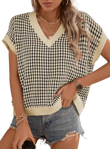 Womens Casual Summer Tops V Neck Short Sleeve Plaid Knit Vest Loose Fit Pullover Sweaters Blouses