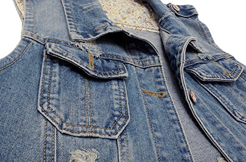 Womens Denim Jean Vest Classic Junior Button Up Cropped Distressed Sleeveless Jean Jacket